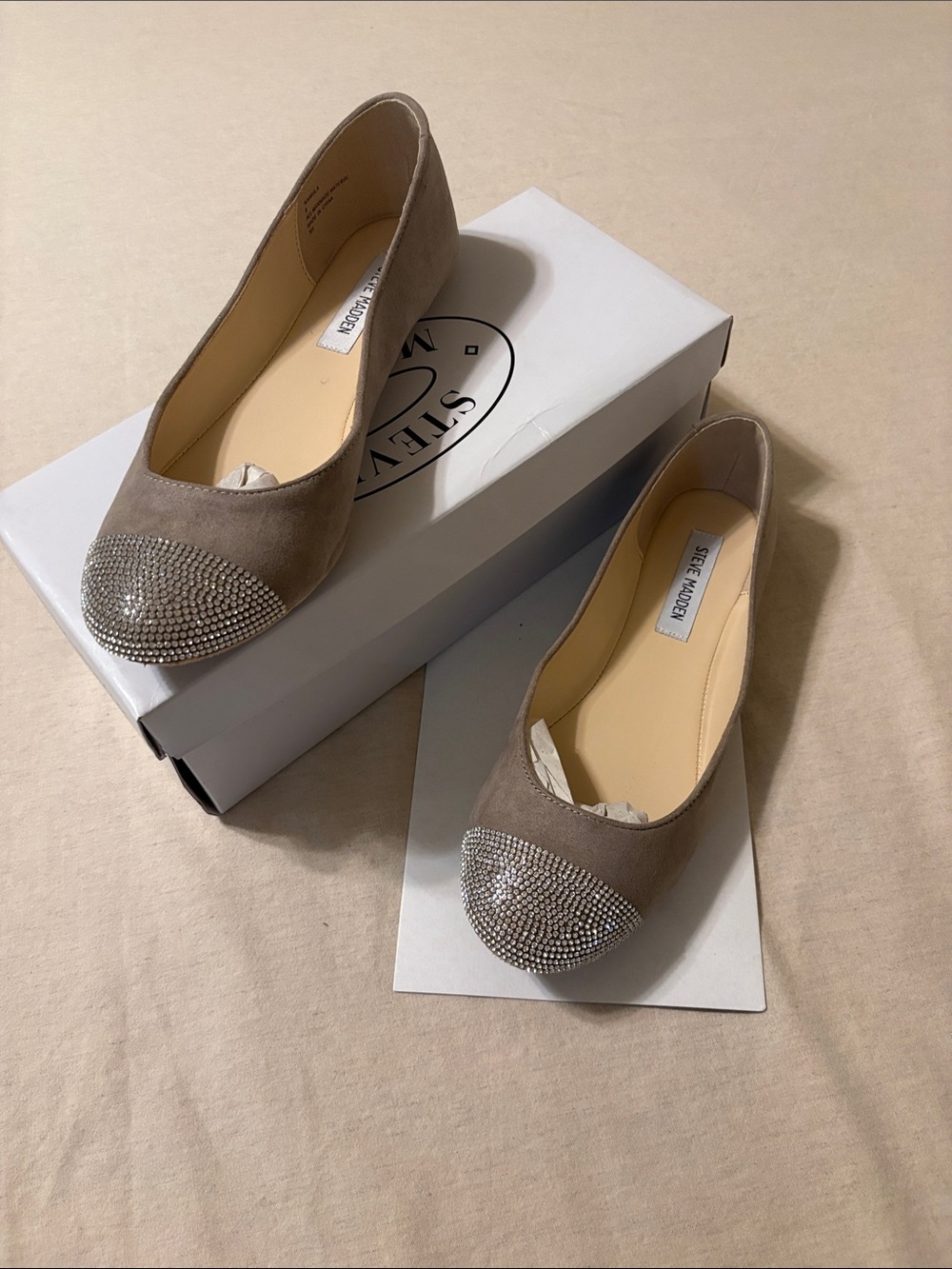 Steve Madden Taupe Suede Crystal Cap-Toe Flats